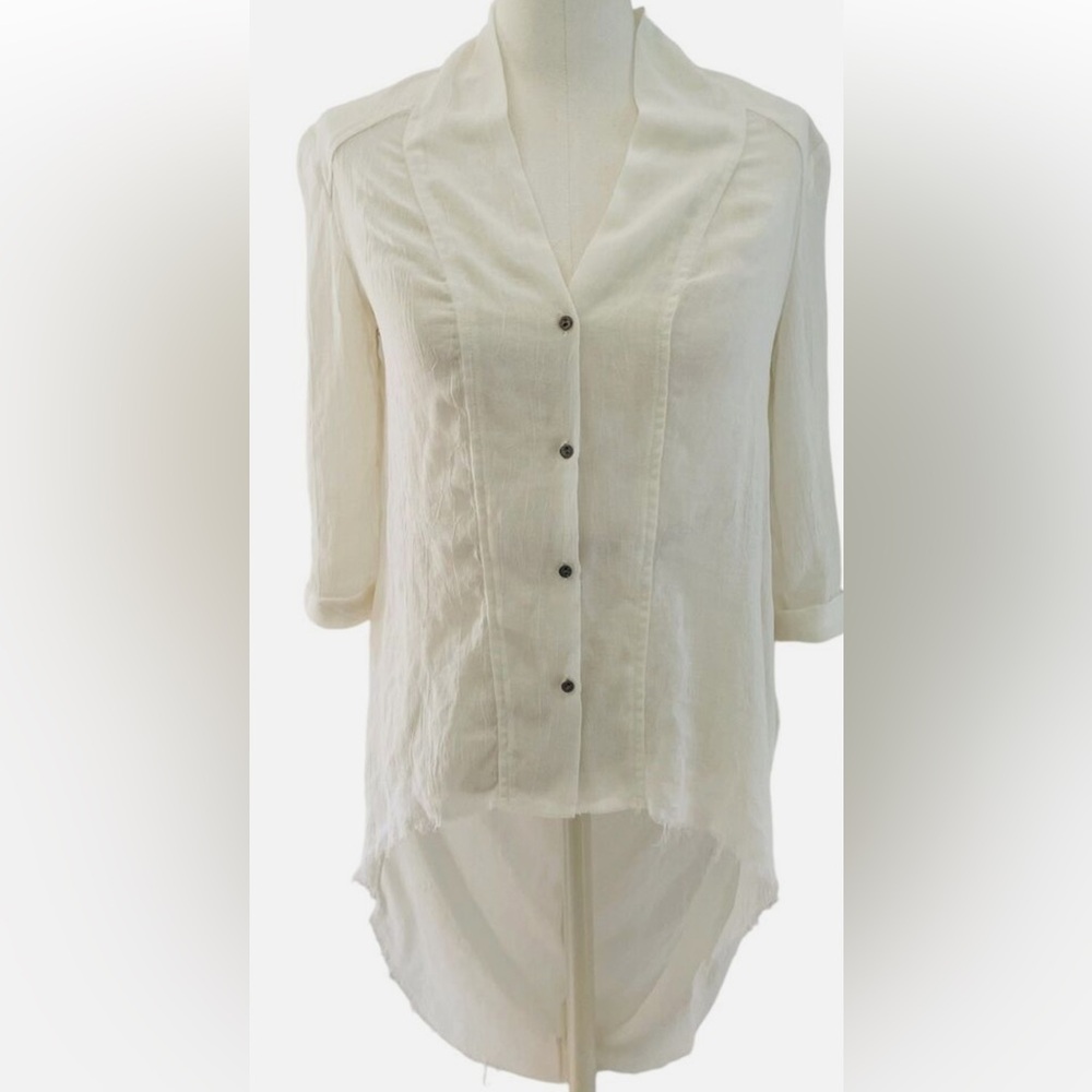 Helmet Lang Sheer Button Front V-Neck Cream Distressed Hem High Low Blouse